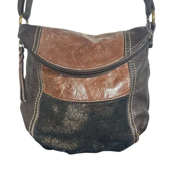 The Sak Deena Flap Fold Over Leather Brown Patchwork Crossbody Purse adjustable - Picture 1 of 9